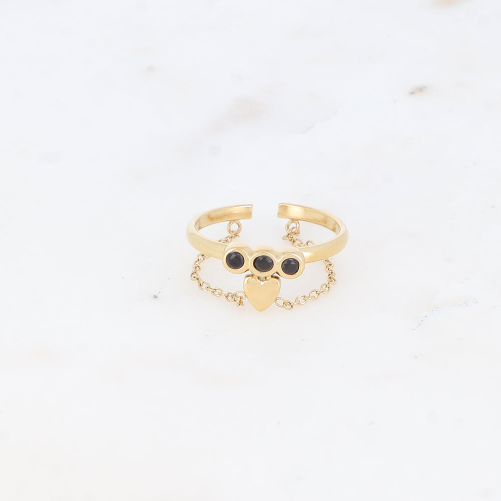 Bague fine avec chaîne, cœur et strass - Noir