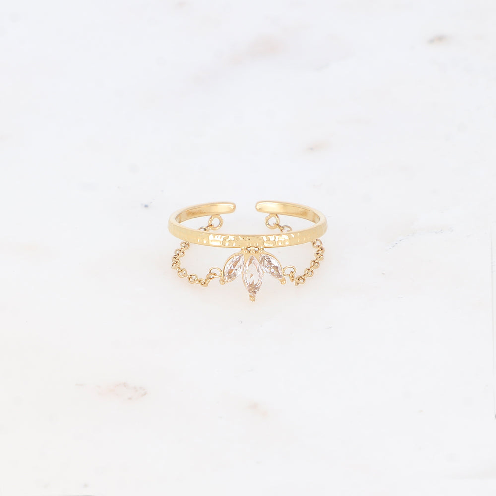 Bague fine avec chaîne, demi fleur et strass