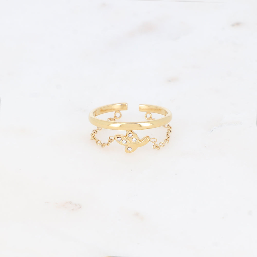 Bague fine avec chaîne, feuille et strass