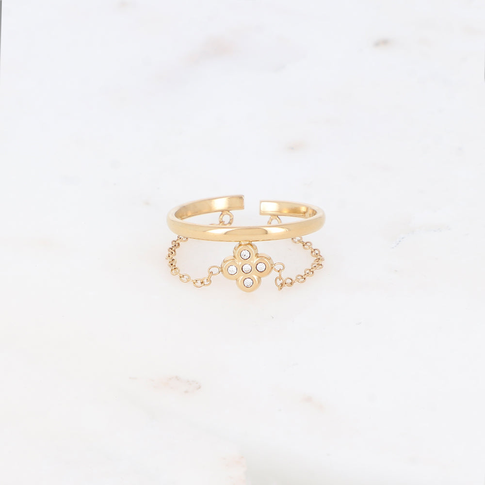Bague fine avec chaîne, trèfle et strass