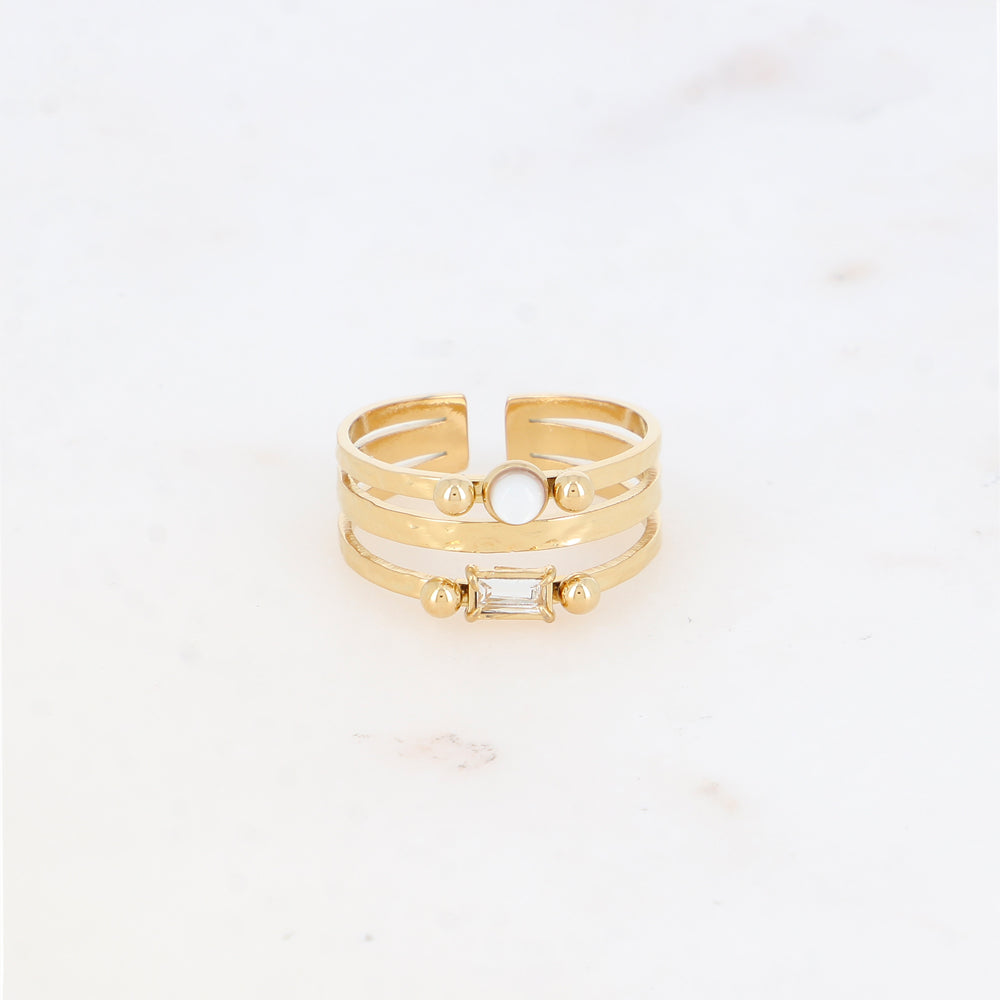 Bague 3 rangs avec pierre naturelle strass