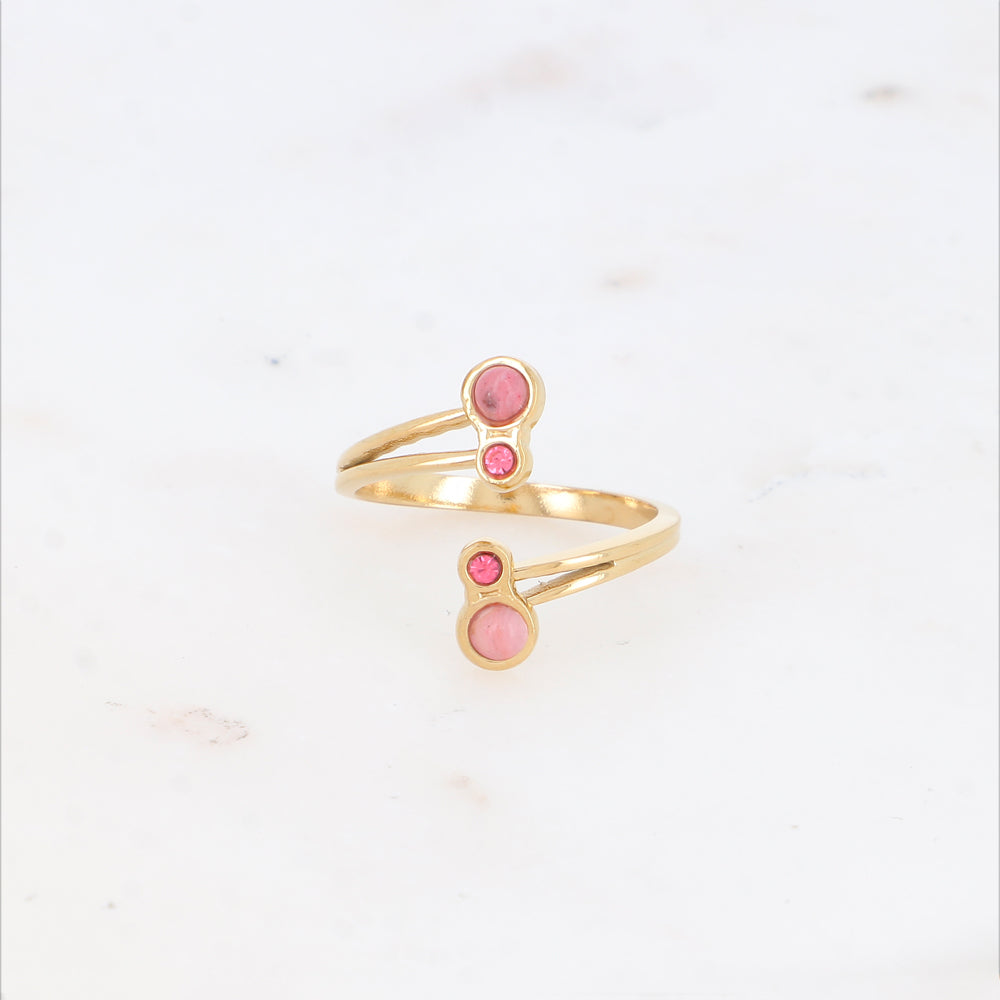 Bague avec pierre naturelle et strass - Rhodonite