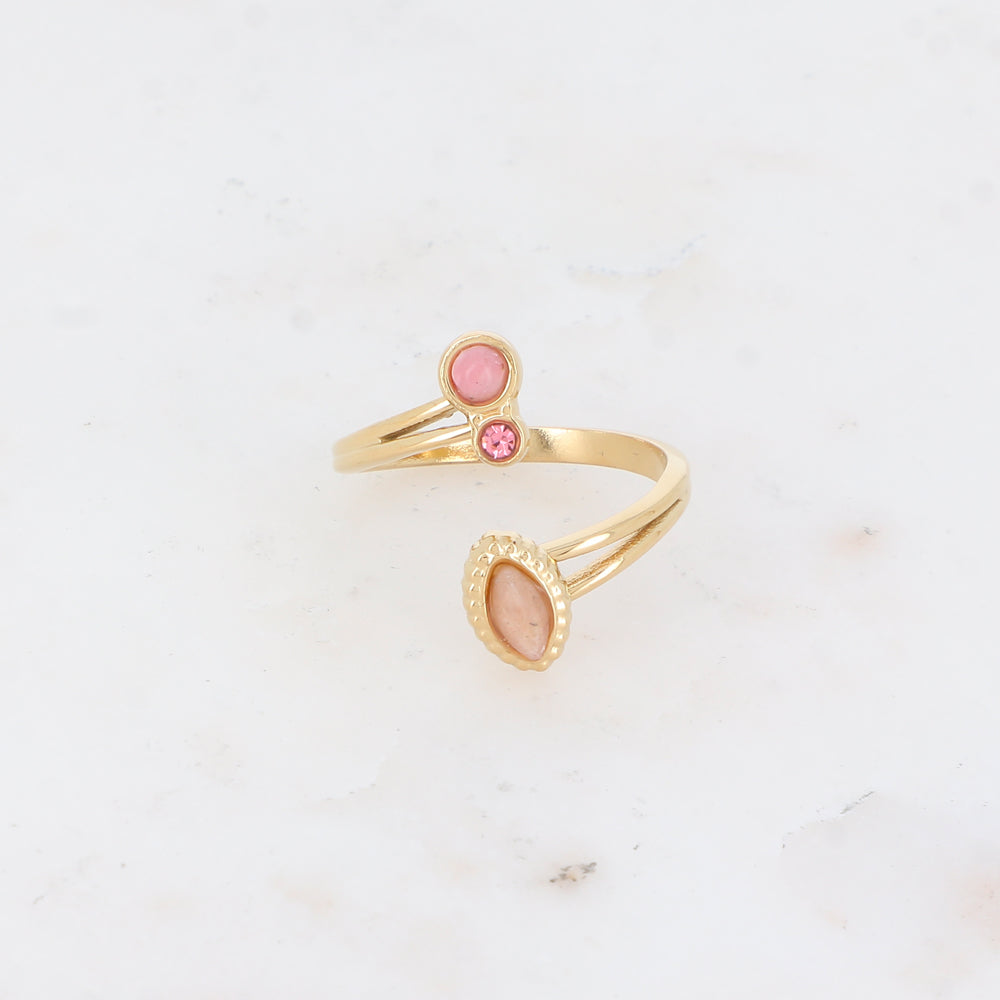 Bague avec pierre naturelle et strass - Rhodonite