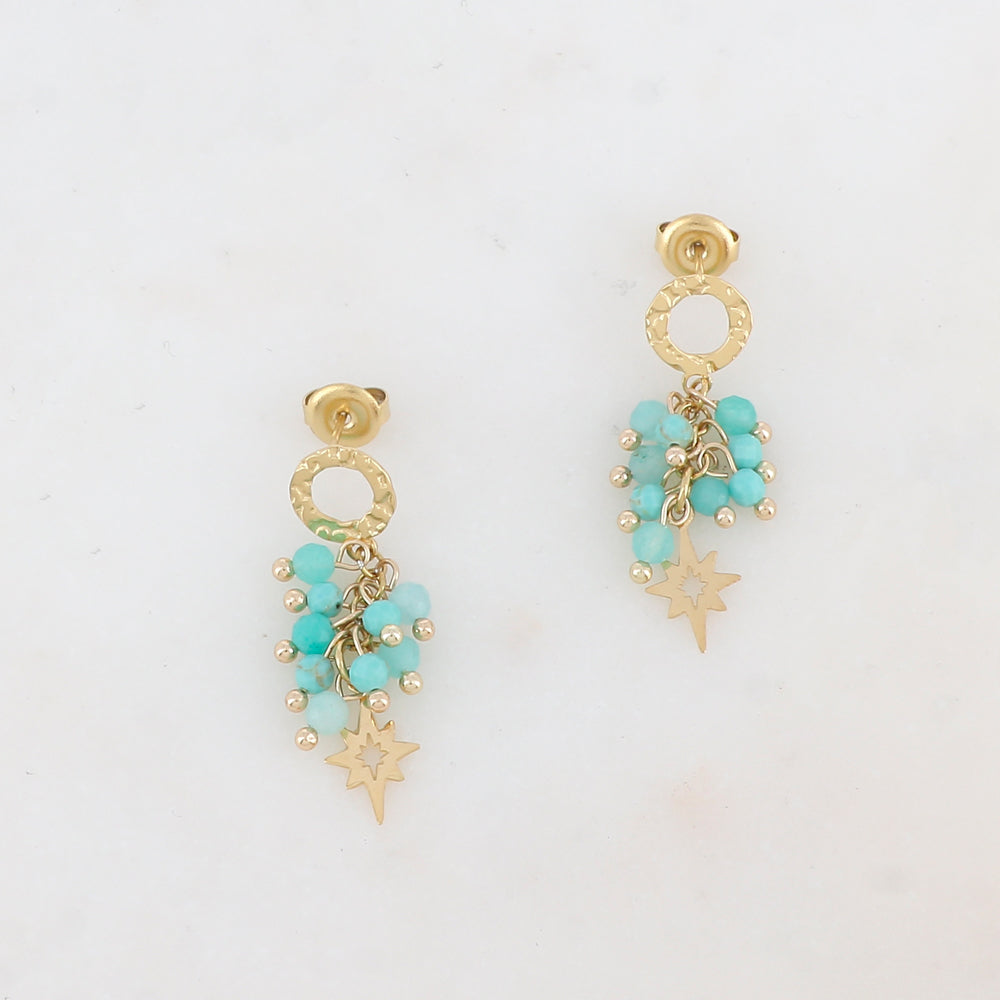 B.O à puce pendantes avec anneau martelé, pampille étoile, pierres naturelles et perles d'eau douce 1,3 x 3,3 cm.