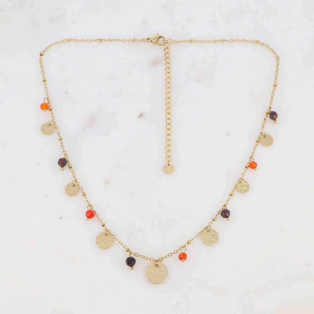 Collier avec pampilles rondes martelées et pierres naturelles (39+7CM)