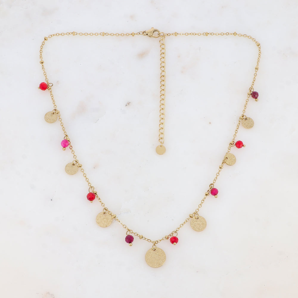Collier avec pampilles rondes martelées et pierres naturelles (39+7CM)