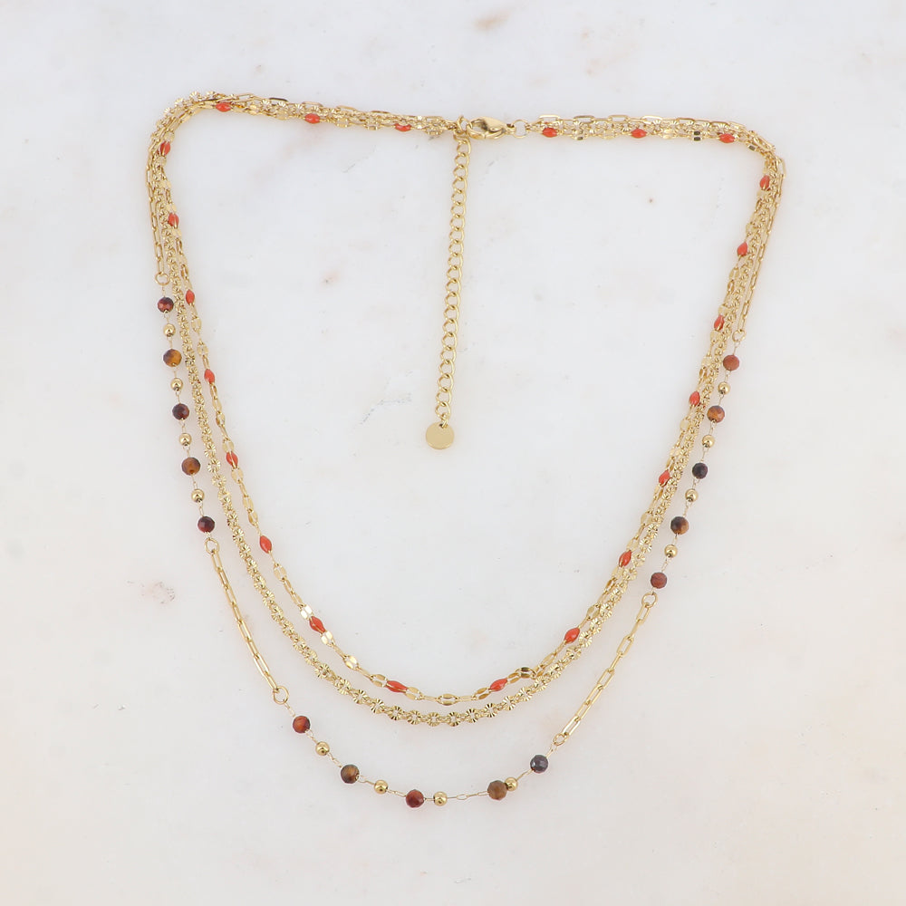 Collier 3 rangs avec pièces émaillées, petites boules et pierres (39/41/43+7CM)