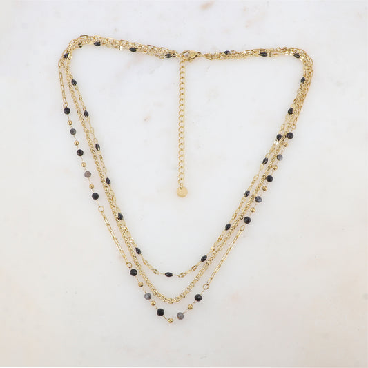 Collier 3 rangs avec pièces émaillées, petites boules et pierres (39/41/43+7CM)