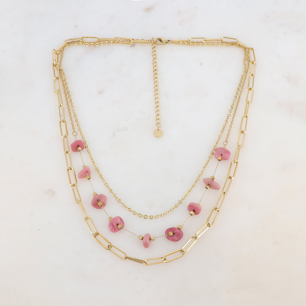 Collier trois rangs avec maille, pierres naturelles (39/41/44+7CM)
