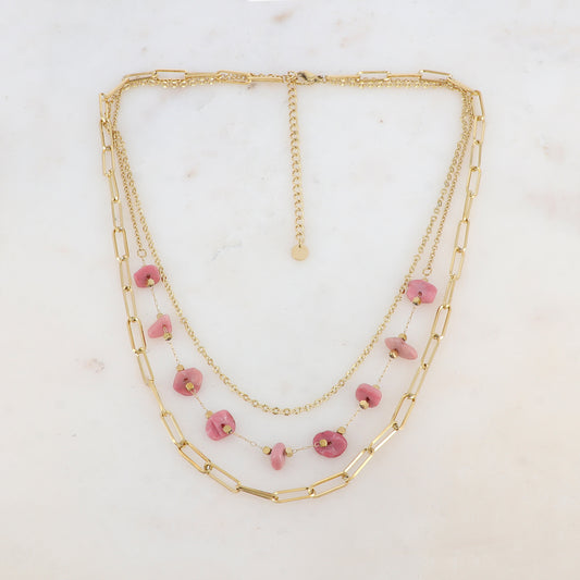 Collier trois rangs avec maille, pierres naturelles (39/41/44+7CM)