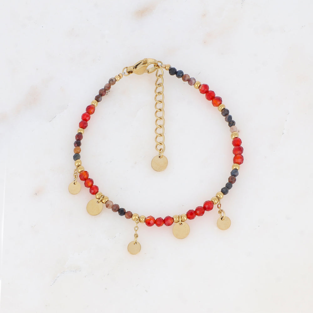 Bracelet avec chaînes, pampilles rondes lisses, perles dorées et pierres naturelles