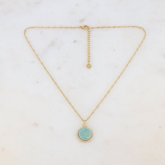 Collier avec pendentif rond serti d'une pierre naturelle (40.5+5CM)
