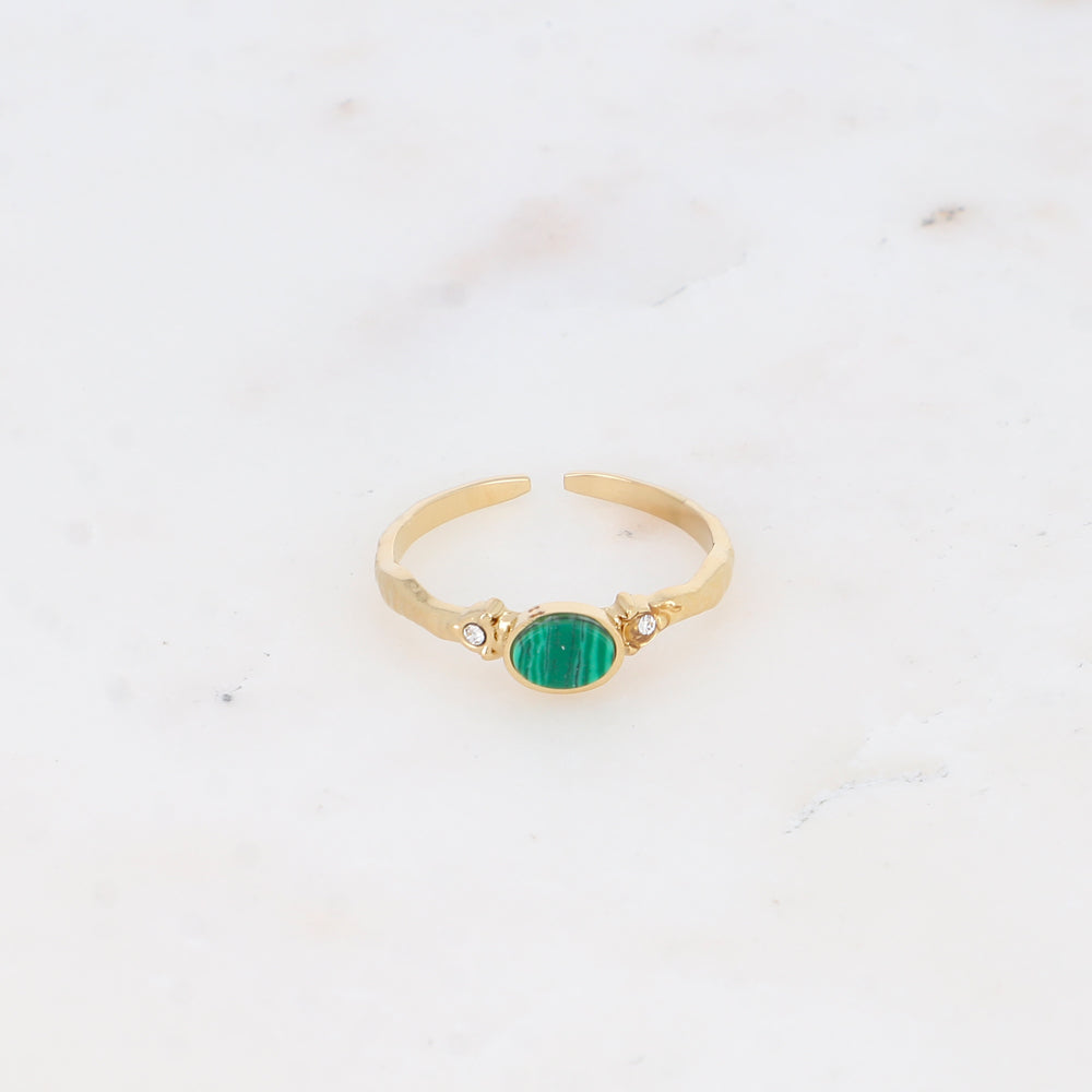 Bague fine avec pierre naturelle et strass - Malachite