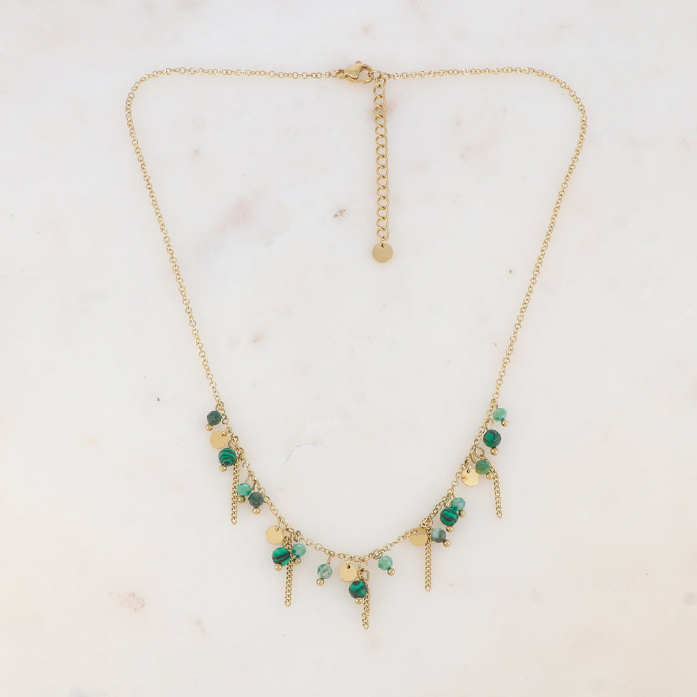 Collier avec pastilles, chaînes, pâtes de verre et pierre naturelle (40+5CM)