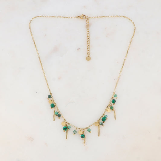 Collier avec pastilles, chaînes, pâtes de verre et pierre naturelle (40+5CM)