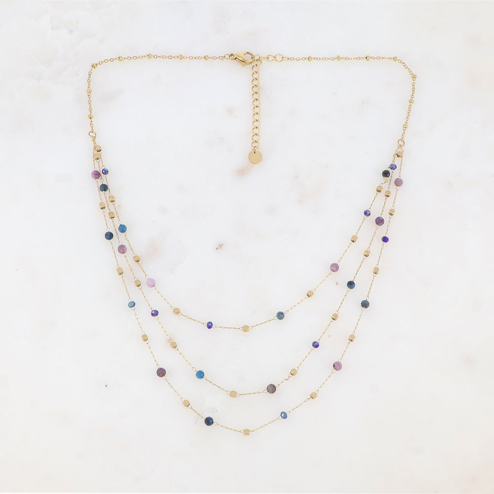 Collier triple rangs avec pâtes de verre et pierre naturelle (39/41/43+5CM)