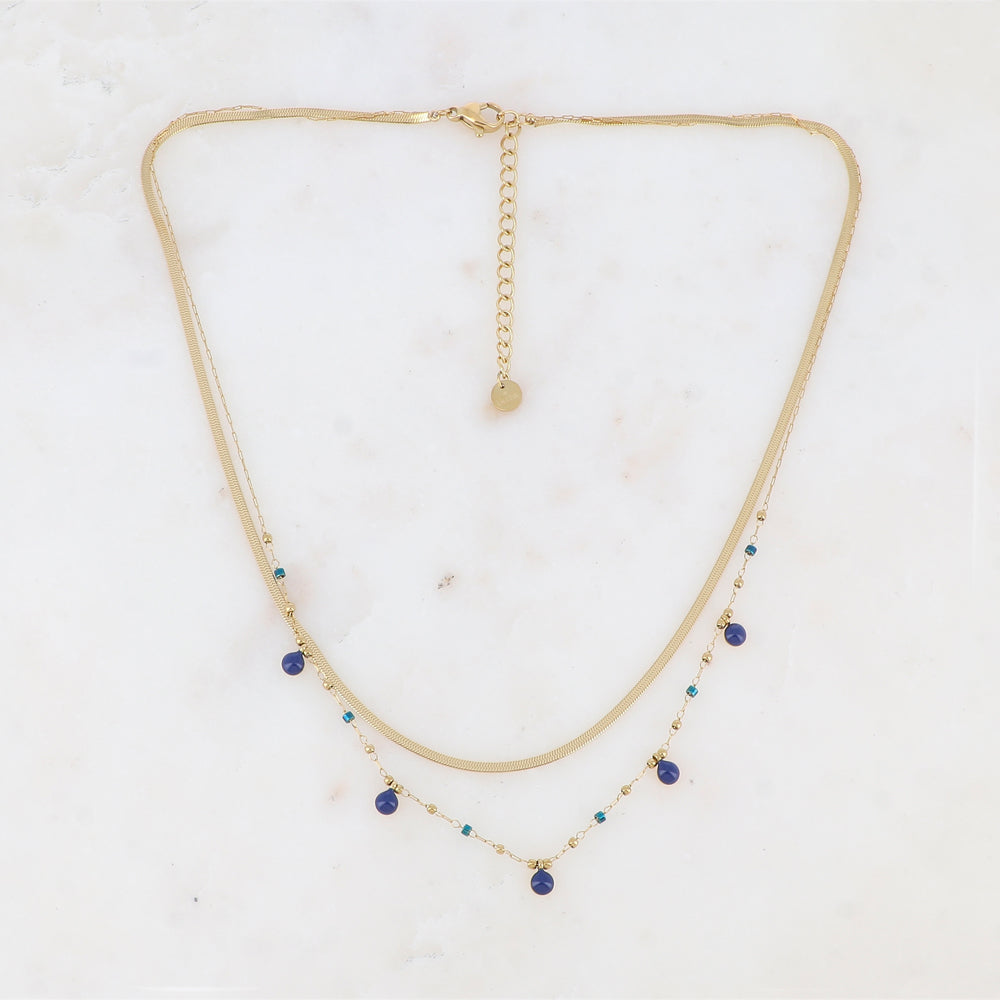 Collier double rangs avec perles de rocaille et pastilles émaillées (39/41+5CM)