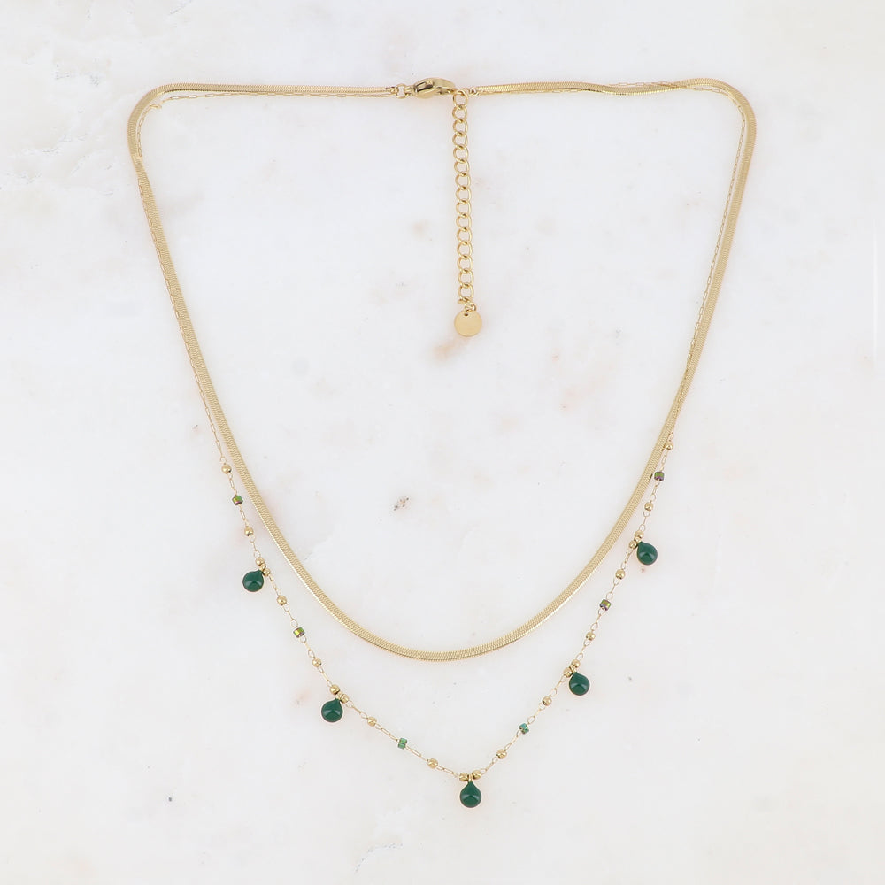 Collier double rangs avec perles de rocaille et pastilles émaillées (39/41+5CM)