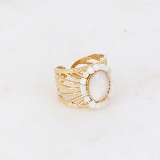 Bague ajourée avec des perles en pierre naturelle - Agate blanche