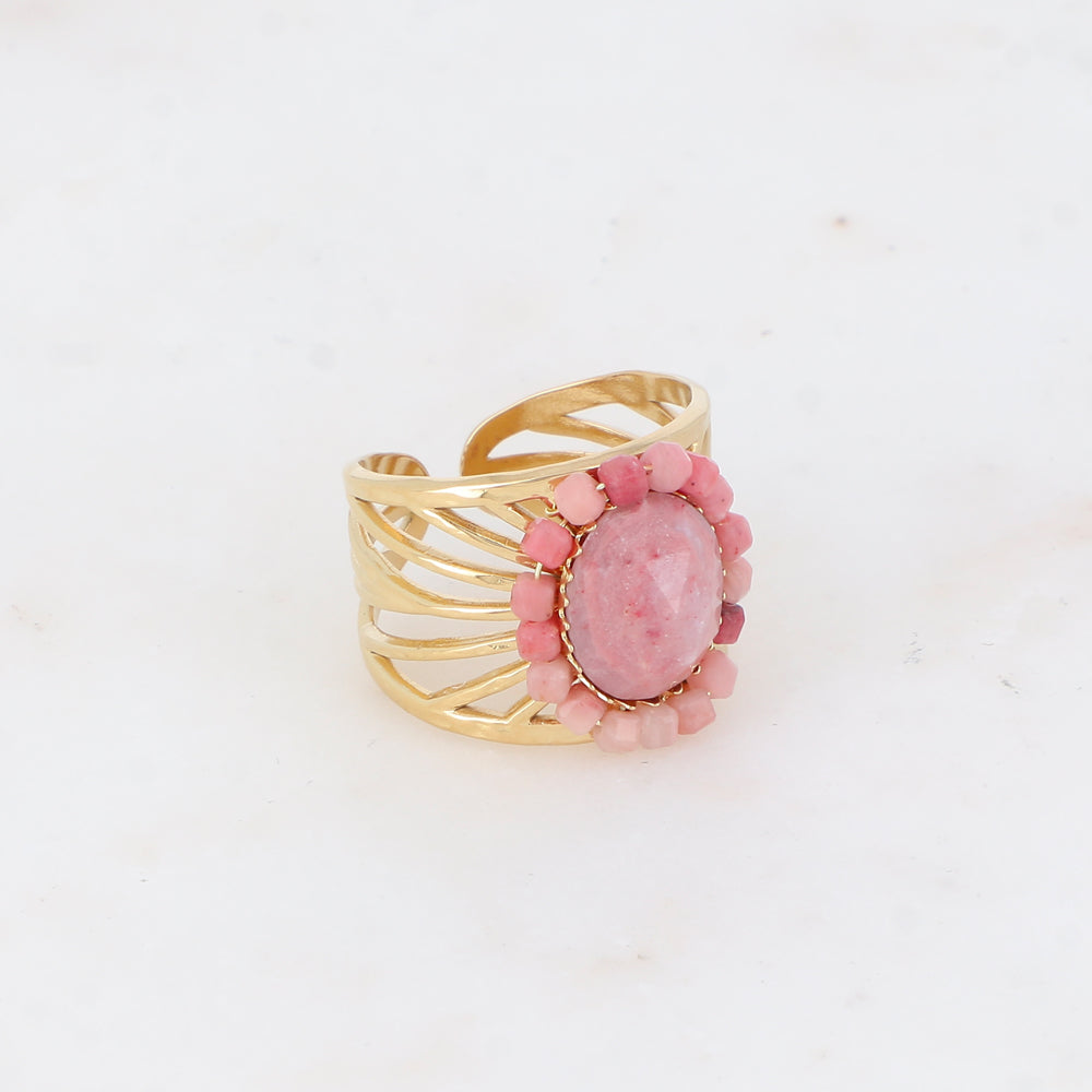 Bague ajourée avec des perles en pierre naturelle - Rhodonite