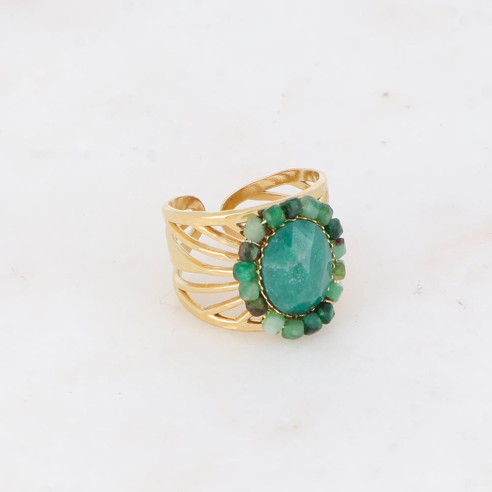 Bague ajourée avec des perles en pierre naturelle - Aventurine