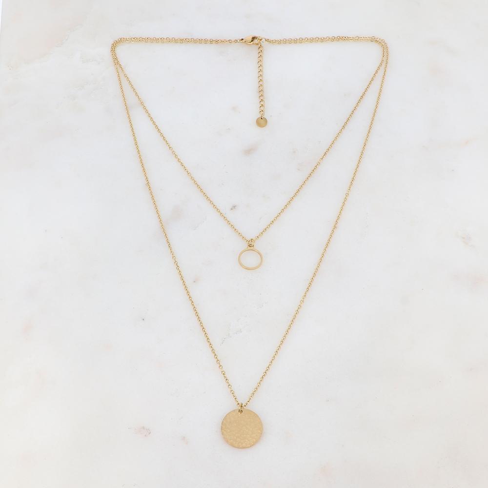 Collier doré avec un pendentif rond martelé et un petit anneau lisse 38/52+5 cm