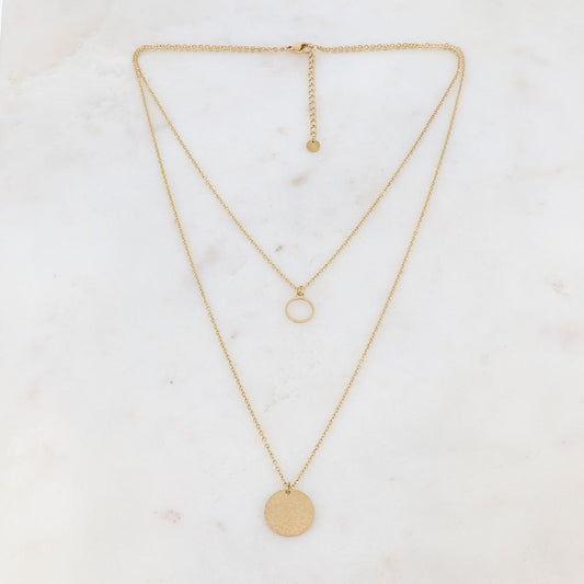 Collier doré avec un pendentif rond martelé et un petit anneau lisse 38/52+5 cm
