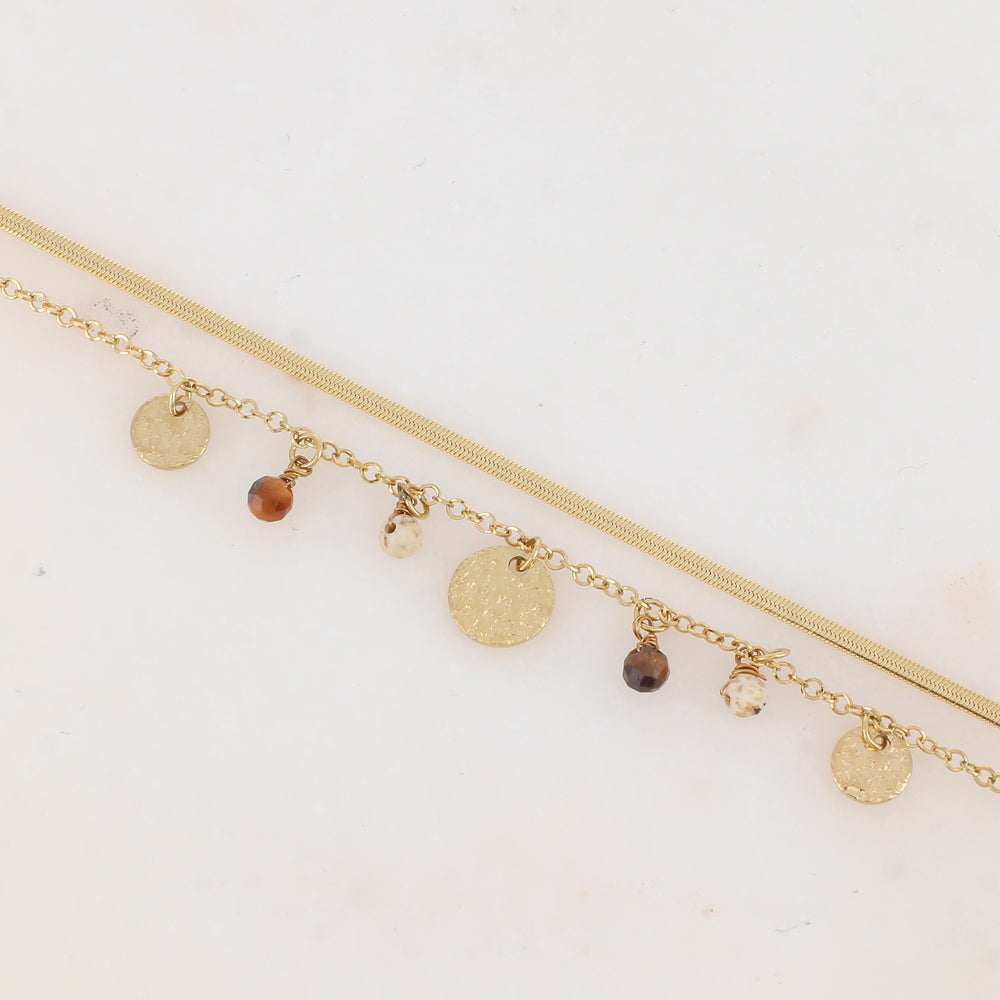 Bracelet 2 rangs avec pampilles rondes martelées et pierres naturelles