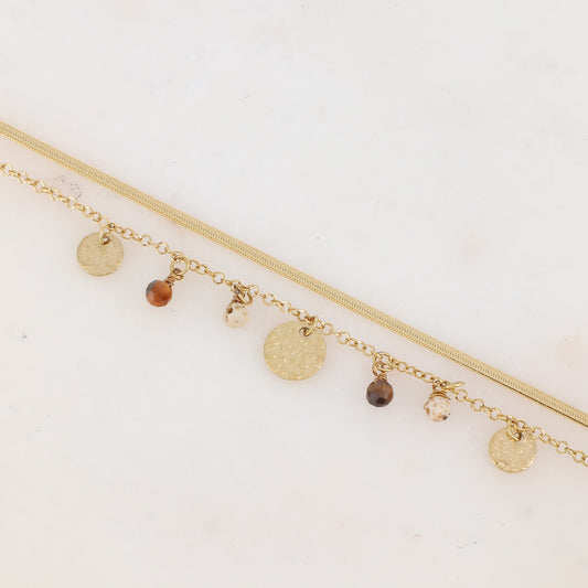 Bracelet 2 rangs avec pampilles rondes martelées et pierres naturelles