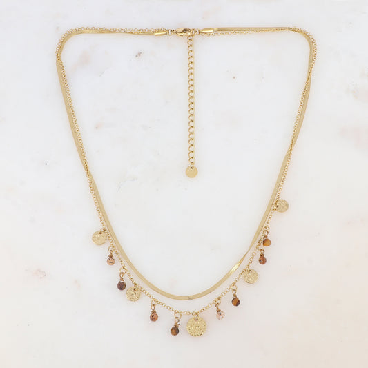 Collier 2 rangs avec pampilles rondes martelées et pierres naturelles (39/41+7CM)