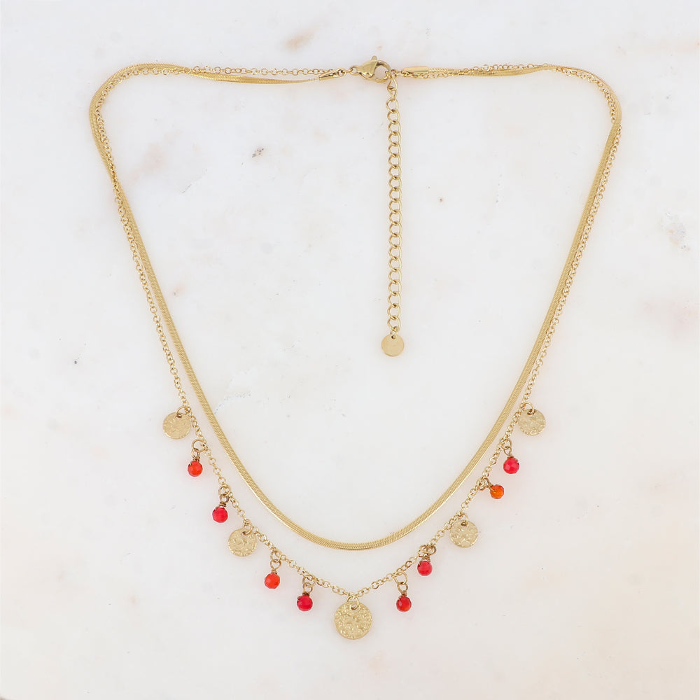 Collier 2 rangs avec pampilles rondes martelées et pierres naturelles (39/41+7CM)