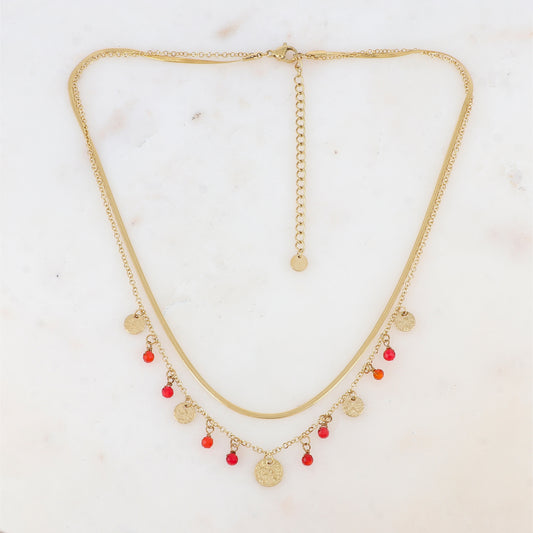 Collier 2 rangs avec pampilles rondes martelées et pierres naturelles (39/41+7CM)