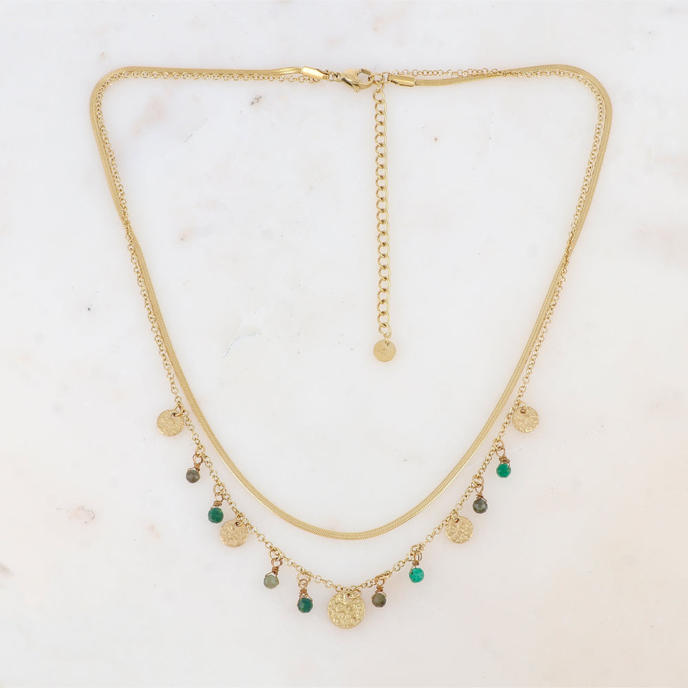 Collier 2 rangs avec pampilles rondes martelées et pierres naturelles (39/41+7CM)