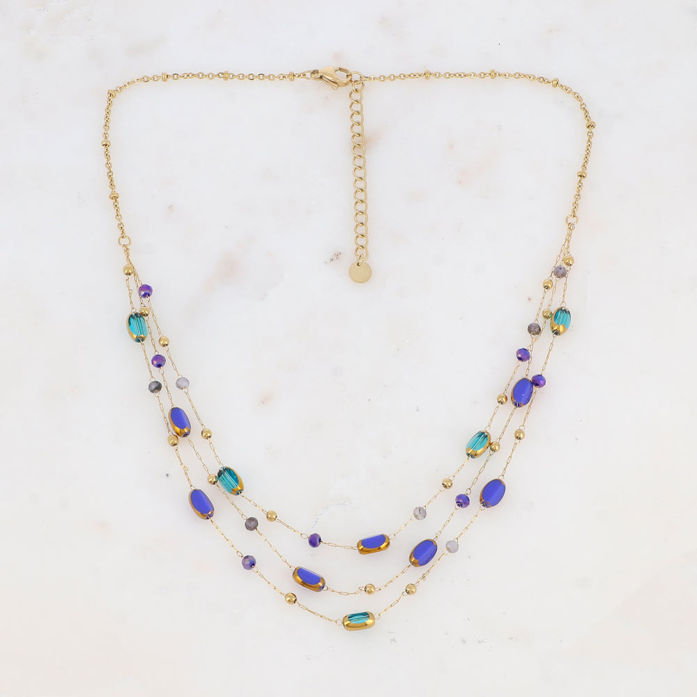 Collier 3 rangs avec pierre naturelle et pâtes de verre (38/41/44+5CM)
