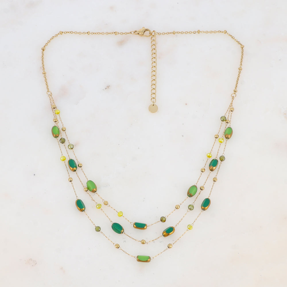 Collier 3 rangs avec pierre naturelle et pâtes de verre (38/41/44+5CM)