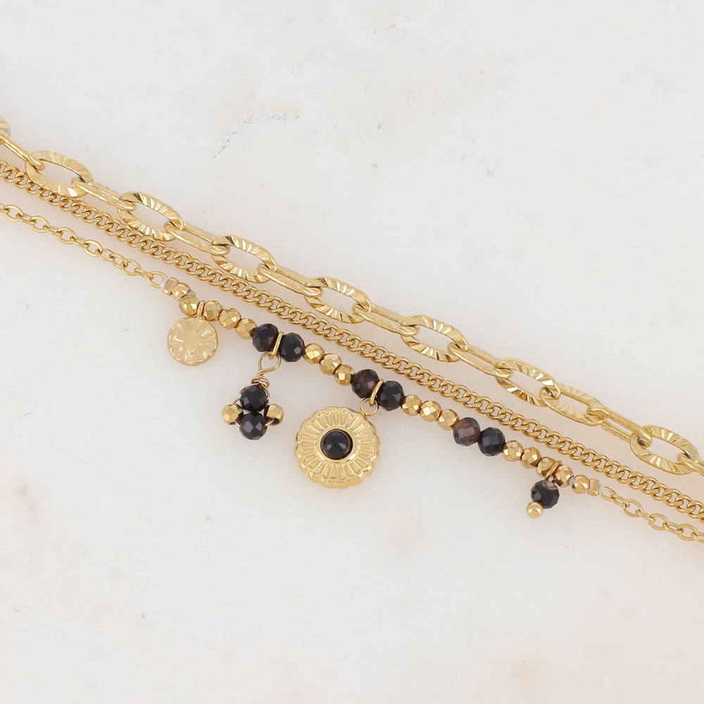Bracelet 3 rangs avec maille, pampilles étoiles et rondes, pierres naturelles