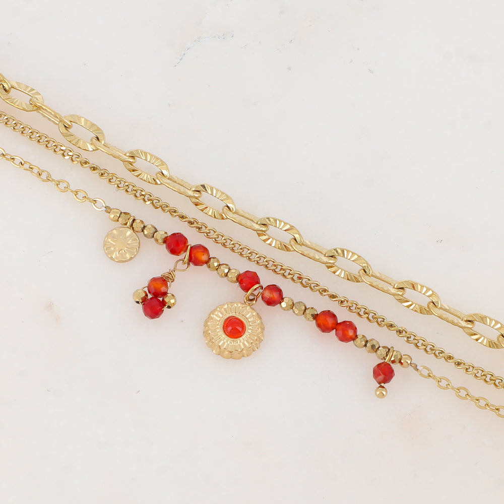 Bracelet 3 rangs avec maille, pampilles étoiles et rondes, pierres naturelles