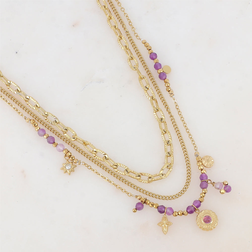 Collier 3 rangs avec maille, pampilles étoiles et rondes, pierres naturelles et strass (38/41/43+7CM)