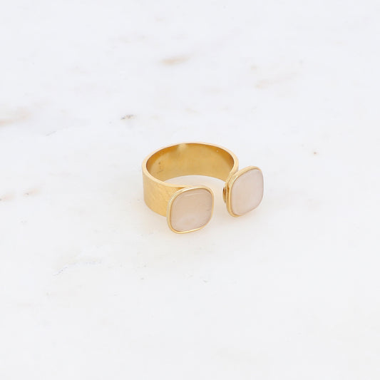 Bague avec effet griffé, deux perles en pierre naturelle carrée - Agate beige