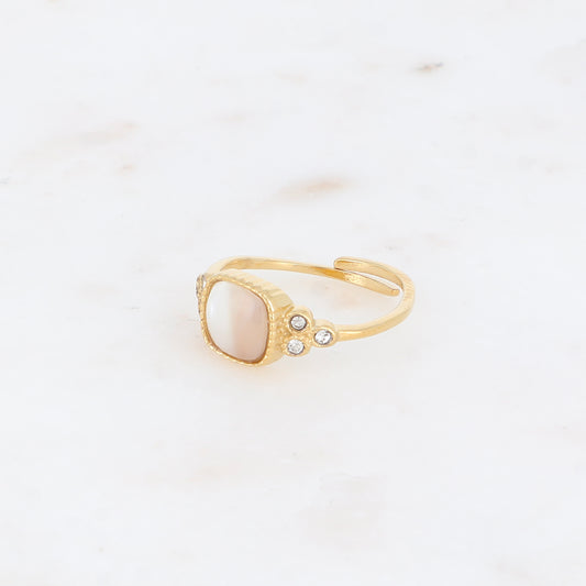 Bague fine - pierre naturelle nacre blanche carrée et oxydes de zirconium