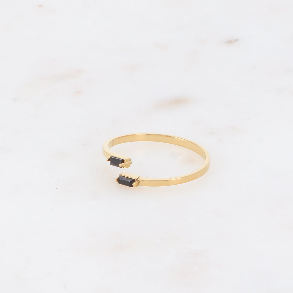 Bague fine et ouverte - 2 cristaux rectangulaires noirs