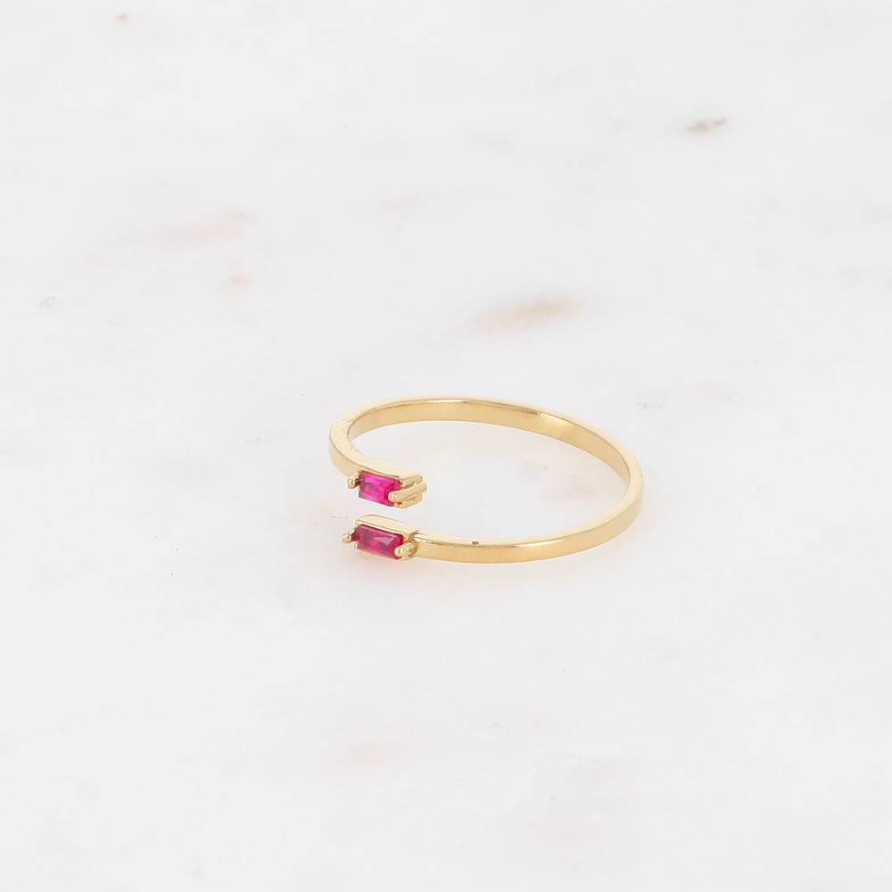 Bague fine et ouverte - 2 cristaux rectangulaires roses