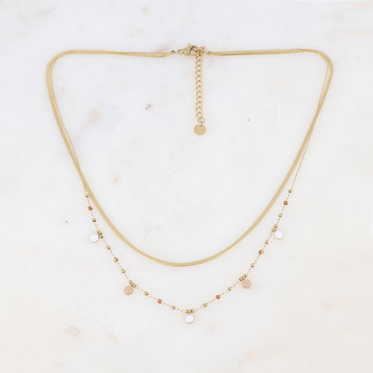 Collier double rangs avec perles de rocaille et pastilles émaillées (39/41+5CM)