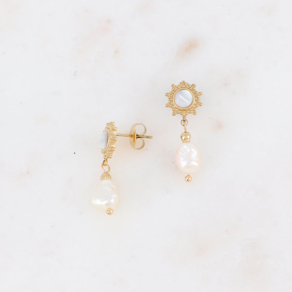 B.O à puce avec soleil, nacre et perle d'eau douce 1 x 2,7 cm