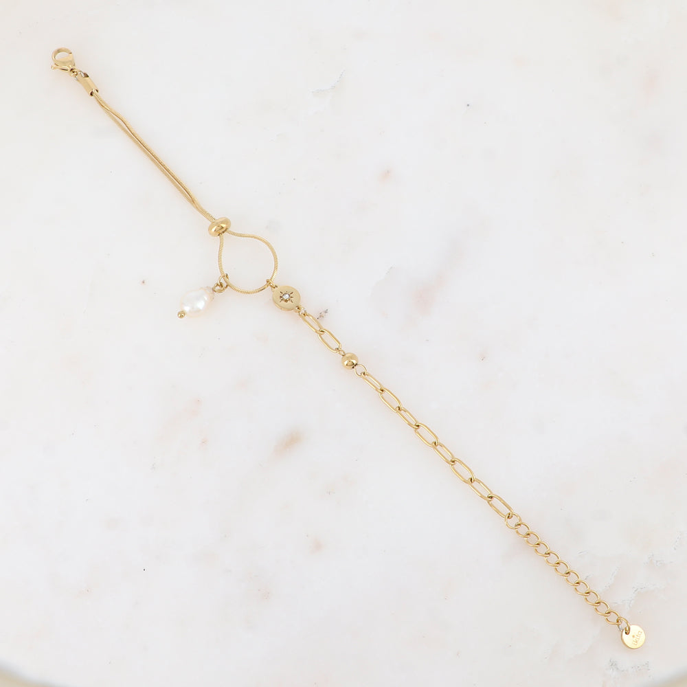 Bracelet en maille avec perle d'eau douce, strass, étoile, petite boule et rondelle
