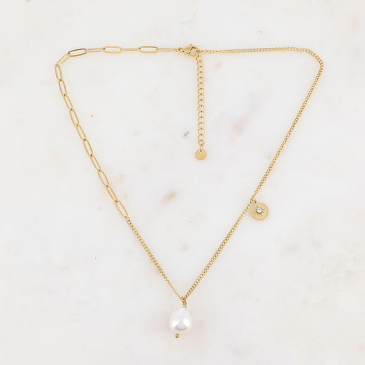 Collier en maille avec perle d'eau douce, strass et étoile (40+5CM)