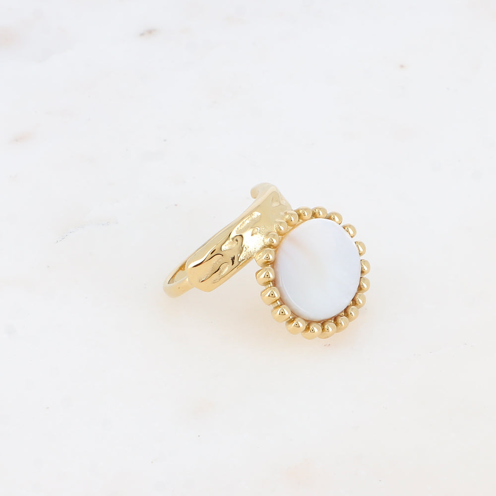Bague Angeline - nacre blanche ovale et contour boules