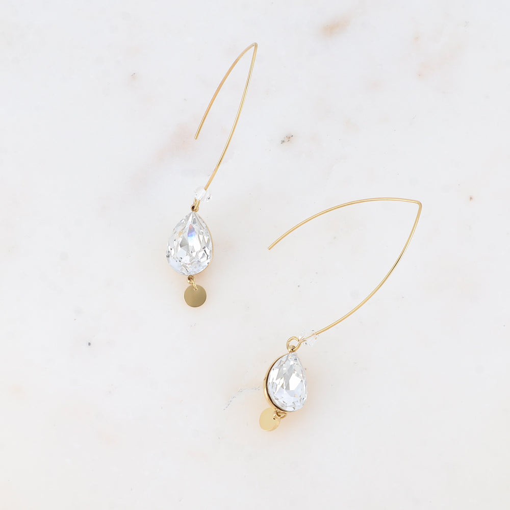 Boucles pendantes - long crochet orné de cristaux de Swarovski® goutte 10x14mm et toupie - Crystal - Dimensions du cristal : 10 x 14 mm - Longueur boucle d’oreille : 40 mm
