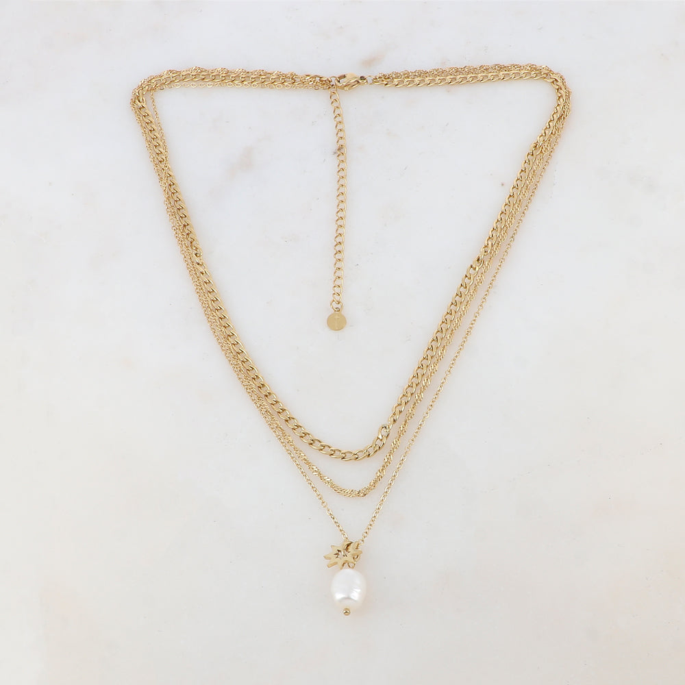 Collier triple rangs en maille avec perle d'eau douce et soleil (39/40/41+7CM)