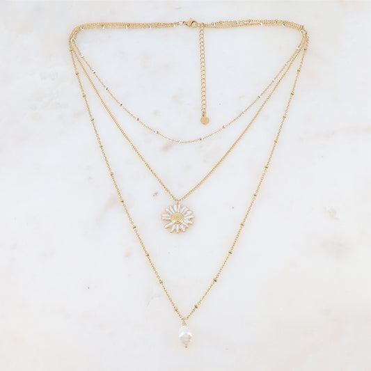 Collier triple rangs avec fleur émaillés et perle d'eau douce (38/44/56+5CM)